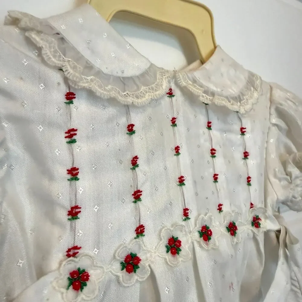 Vintage Polly Flinders Hand Smocked Dress White Red Rose 12M